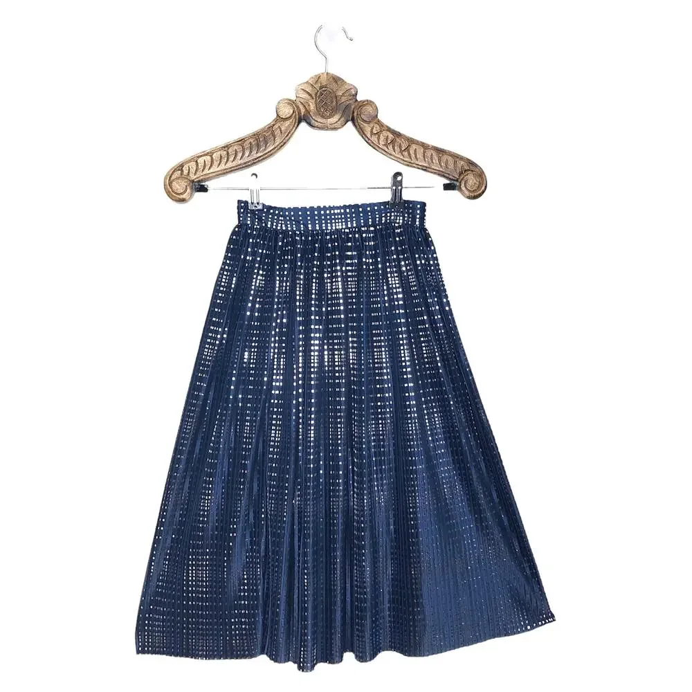 Anthropologie Sabina Musayev Pleated Midi Skirt Midnights Blue Navy Silver 0 P